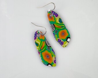 Beautiful Multi Hued Handmade Irregular Shape Polymer Clay Earrings with Hypo Allergenic Ear Wires