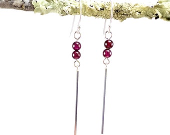 Minimalist Sterling Silver Bar Stick and Garnet Earrings on sterling wires