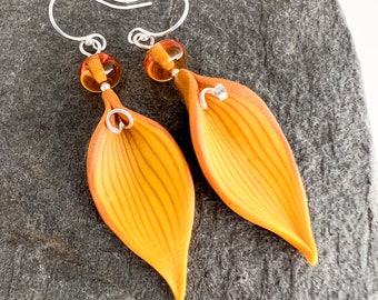 Orange/Yellow Hued Striped Petal Shaped Polymer Clay Dangle Earrings, Glass Beads and Sterling Silver Wires