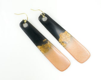 Beautiful Handmade Black and Gold Long Dangle Polymer Clay Earrings with Hypo Allergenic Ear Wires