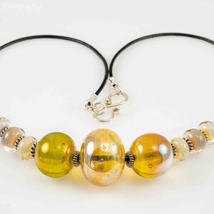 Beautiful Handmade Hollow Yellow Gold Glass Lampwork Beads on Leather Necklace