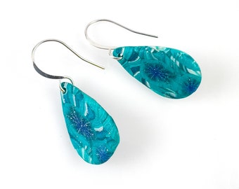 Beautiful Turquoise  Hued Handmade Polymer Clay Snowflake Earrings in Teardrop shape with Hypoallergenic Ear Wires