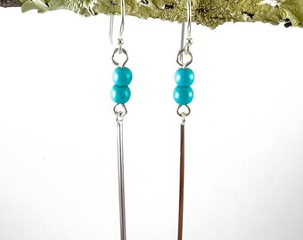 Minimalist Sterling Silver Bar Stick and Turquoise Earrings on Sterling Wires