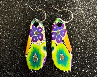 Beautiful Multi Hued Handmade Irregular Shape Polymer Clay Earrings with Hypo Allergenic Ear Wires