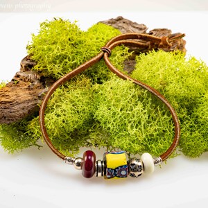Adjustable Leather, Glass and Vintage African Trade Beads Artisan Bracelet