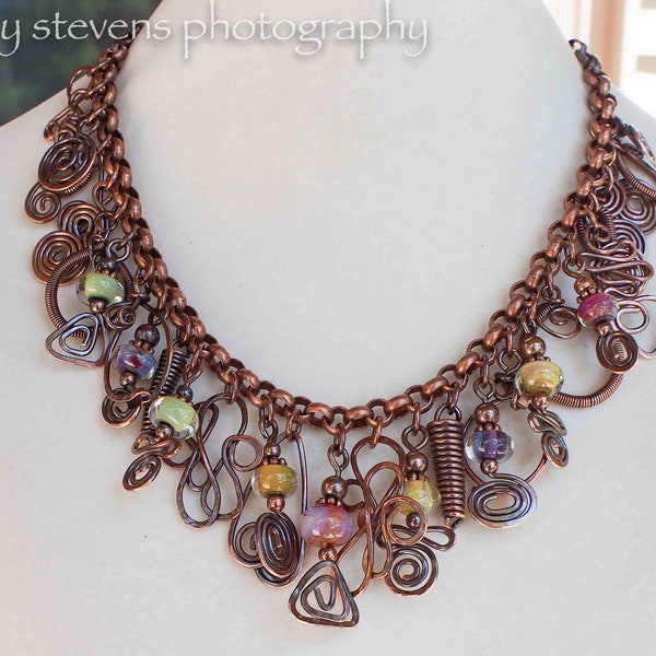 Copper and Multicolored Lampwork Glass Bead Charm Necklace