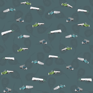 Op de afbeelding: Een naadloos patroon met verschillende vrachtwagens met verschillende gekleurde aanhangwagens op een teal achtergrond. De vrachtwagens zijn allemaal in dezelfde richting gericht en gelijkmatig verdeeld.