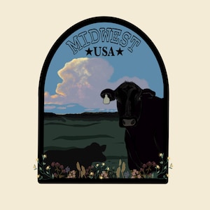 May include: A black and white illustration of a cow and calf in a field with a blue sky and clouds. The text "MIDWEST USA" is at the top of the image.
