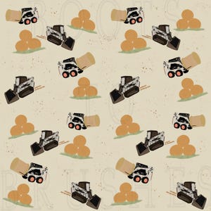 May include: A seamless pattern featuring a white skid steer loader with a yellow bucket, carrying bales of hay. The background is a light beige with a subtle speckled texture.