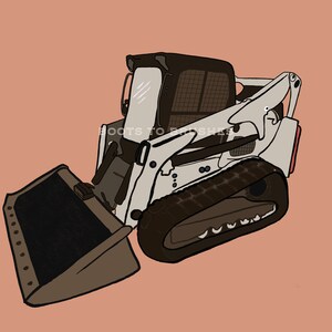 May include: A white and brown skid steer loader with a black bucket. The loader has a black and white cab with a clear window. The loader is on a brown background.