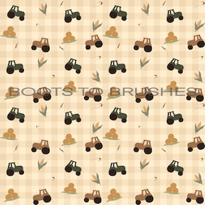 May include: A repeating pattern featuring tractors in shades of brown and green, along with bundles of wheat and corn stalks. The background is a light tan plaid. The text "BOOTS TO BRUSHES" is overlaid on the pattern.