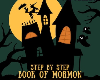 May include: A black silhouette of a haunted house with a witch flying over the roof. The house has six windows and a yellow moon behind it. The text "6 PUZZLES!" is in purple letters at the top of the image. The text "STEP BY STEP BOOK OF MORMON MURDER MYSTERY KIT" is at the bottom of the image.