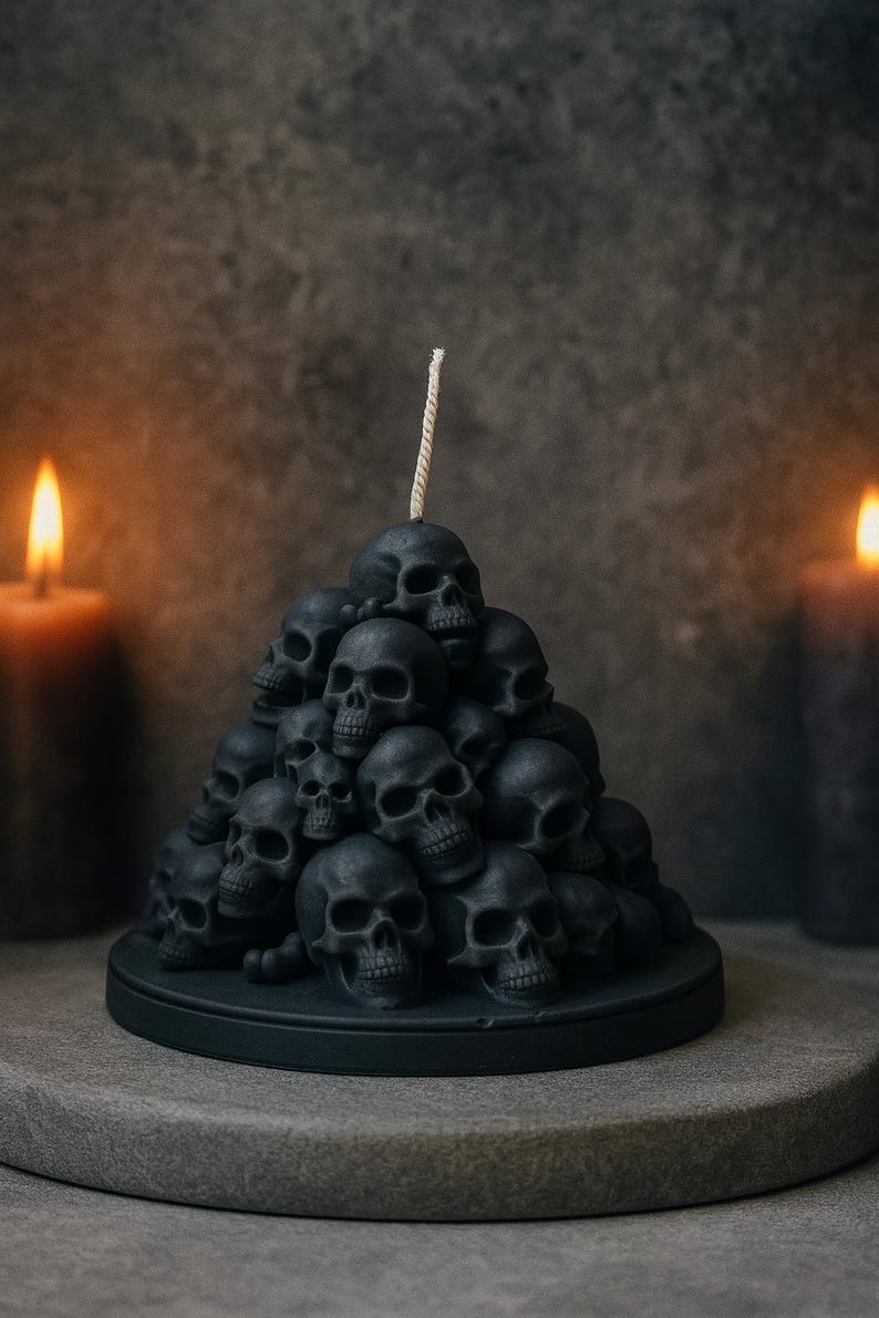 Vela artesanal con forma de montaña de calaveras: escultura gótica de cera de soja.