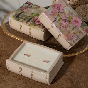 Handmade Book Candle: Soy Wax with Wooden Wick, Floral Gypsum Jar