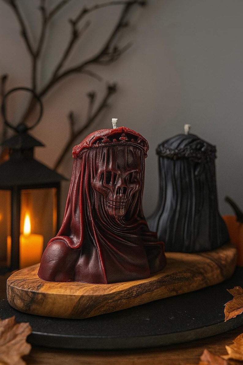 Death Veiled Lady Candle, Gothic Halloween Skull Decor