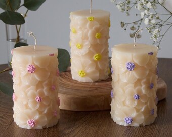 Rustic Flower Pillar Candle: Natural Soy Wax, Unscented