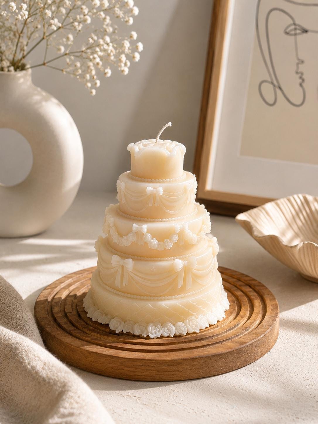 Elegant Wedding Cake Candle: Romantic Bridal Shower Décor