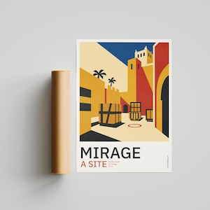 May include: A rectangular art print featuring a stylised desert city scene with yellow, red, and blue geometric buildings, palm trees, and wooden crates. The text MIRAGE A SITE is printed in black and red at the bottom of the white poster.