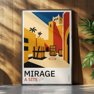 Peut inclure: Une affiche encadrée présentant une illustration graphique stylisée d'une carte désertique avec des bâtiments jaunes, rouges et bleus, des palmiers et des caisses. Le texte en bas indique MIRAGE A SITE, counter strike, de_mirage, 2023.