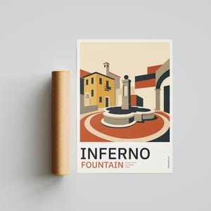 May include: A rectangular art print featuring a stylised illustration of a fountain in a town square with yellow buildings and red ground. The text INFERNO FOUNTAIN is printed in black and red at the bottom, next to a brown cardboard mailing tube.