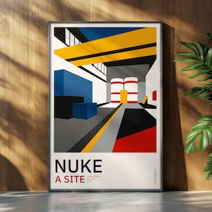 May include: A framed vertical poster featuring a geometric, stylised illustration of a video game map site. The artwork displays bold blocks of yellow, blue, red, black, and white. The text at the bottom reads NUKE A SITE, counter strike, de_nuke, 1999.