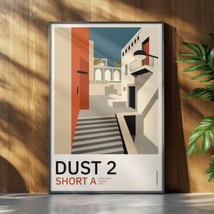 以下が含まれることがあります： 砂漠をテーマにしたゲームマップの様式化された建築イラストが描かれた、額装済みの縦型アートプリント。画像には階段、ベージュの建物、赤い壁、バルコニーが写っています。下部には「DUST 2」および「SHORT A」というテキストが印刷されています。