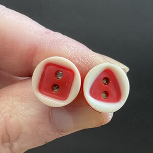 handmade upcycled vintage button stud earrings, red and white button stud earrings, vintage button stud earrings, button earrings, upcycled