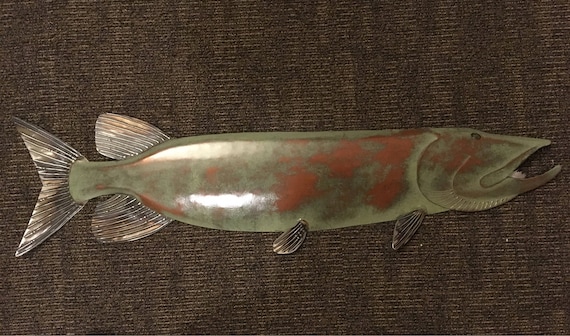 Musky / Pike Metal Handmade Wall Sculpture 48in Long Lodge Cottage Lake Cabin Art Green