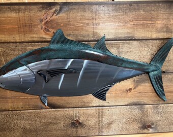 Blue Fin Tuna Fish Metal Sculpture 36in Tropical Beach Coastal Wall Art