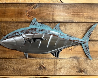 Blue Fin Tuna Fish Metal Sculpture 35in long Tropical Beach Coastal Wall Art