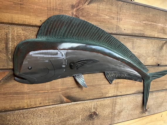 Mahi Mahi Wall Metal Fish sculpture 35in Long Tropical Coastal Beach