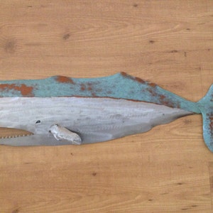 Whale 32in Metal Wall Sculpture  Coastal  Cottage Cabin Fish Art