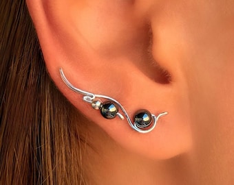 Hematite Earrings, Sterling Silver Black Gemstone Ear Climbers