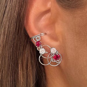Ruby Ear Cuff No Piercing, Silver Conch Hoop with CZ & Ruby Gemstones