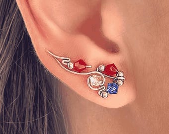Ready to ship! - Sterling Silver Ear Climbers, 4th of July Jewelry, Red White Blue Crystal Ear Crawlers, Handmade USA Earrings, Gift for Her