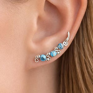 Real Turquoise Sterling Silver Ear Climber Earrings – Handmade Blue Gemstone Crawlers
