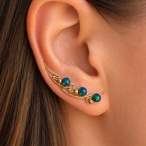 Multicolor Opal Ear Climbers, 14K Gold Blue Green Gemstone Earrings