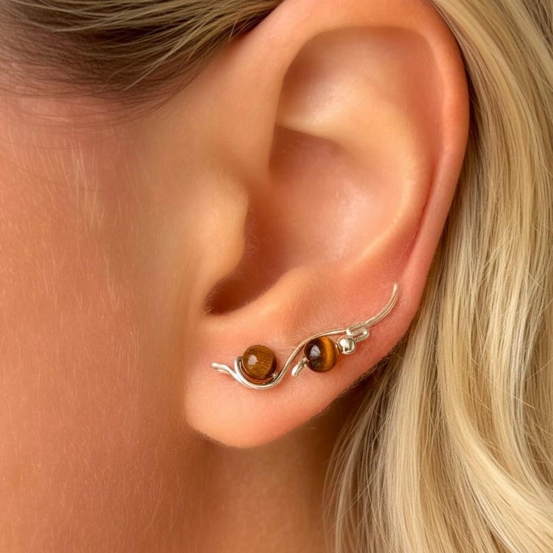 Sterling Silver Earrings, Ear Climbers with Gemstones