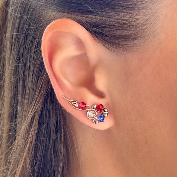 Sterling Silver Colorful Crystal Ear Climbers | Red, Blue  display picture 3