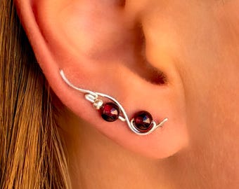 Garnet Ear Climber Earrings in Sterling Silver, Dark Red Gemstone Vine Design