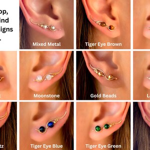 Gold Earrings, Ear Climbers with Gemstones