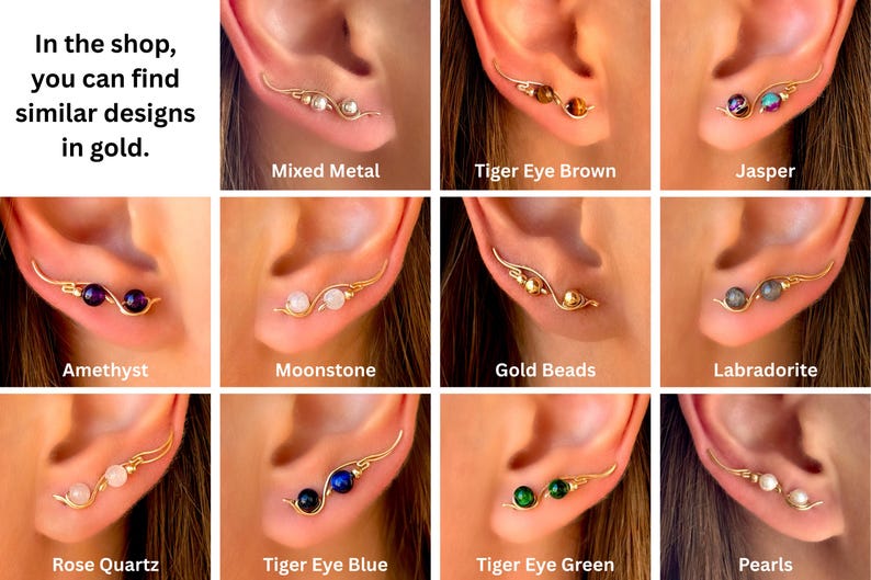 Gold Earrings, Ear Climbers with Gemstones