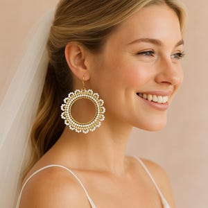 Wedding Beaded Earrings – Handmade Bridal Jewelry, Large Statement Circle Earrings, Boho Wedding Guest Earrings, White Elegant Hoop Earrings