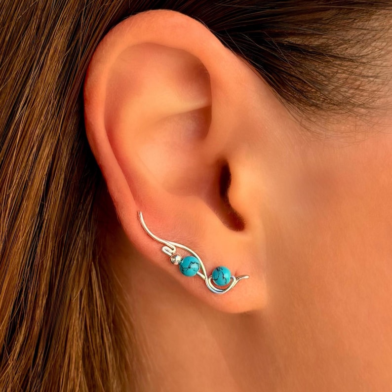 Turquoise Sterling Silver Earrings, Ear Climbers with Blue Gemstones
