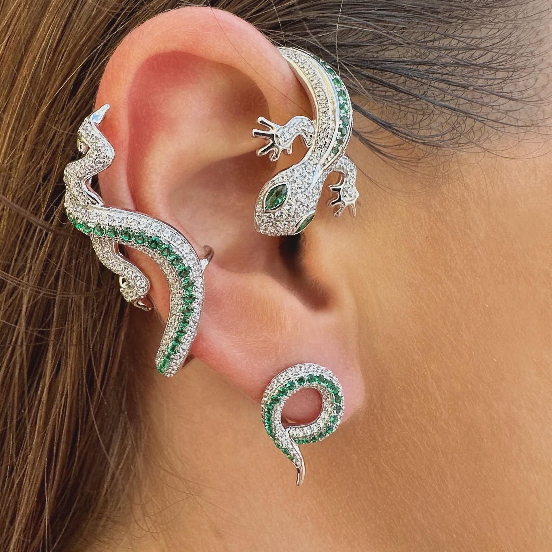 Luxury Ear Jacket Earring, Sterling Silver Designer Ear Cuff, Fantasy Statement Jewelry, Crystal Gecko Earring, Unique Gift, Limited Edition