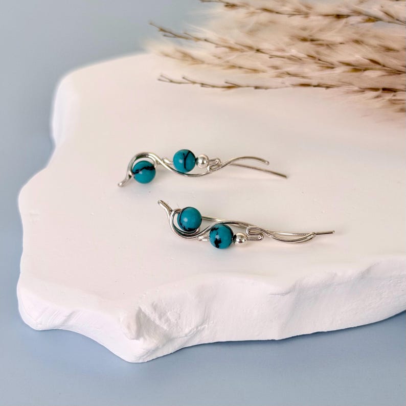 Turquoise Sterling Silver Earrings, Ear Climbers with Blue Gemstones