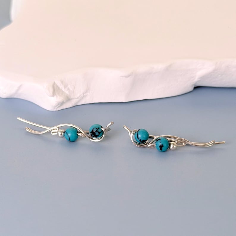 Turquoise Sterling Silver Earrings, Ear Climbers with Blue Gemstones