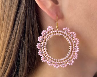 Pink/White Boho Beaded Earrings – Large Floral Sunflower Hoops for Summer, Romantic Parties, Festival Outfits & Handmade Gifts for Her