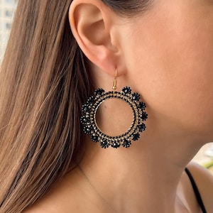 Black/White Beaded Hoop Earrings – Handmade Floral Boho Jewelry, Lightweight Circle Earrings, Gift for Her, Trendy Earrings for Party