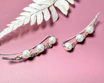Dainty Pearl Ear Climbers – Sterling Silver/14K Gold Bridal Earrings, Minimalist Ear Cuffs for Wedding, Gift for Her, Bridesmaid Jewelry